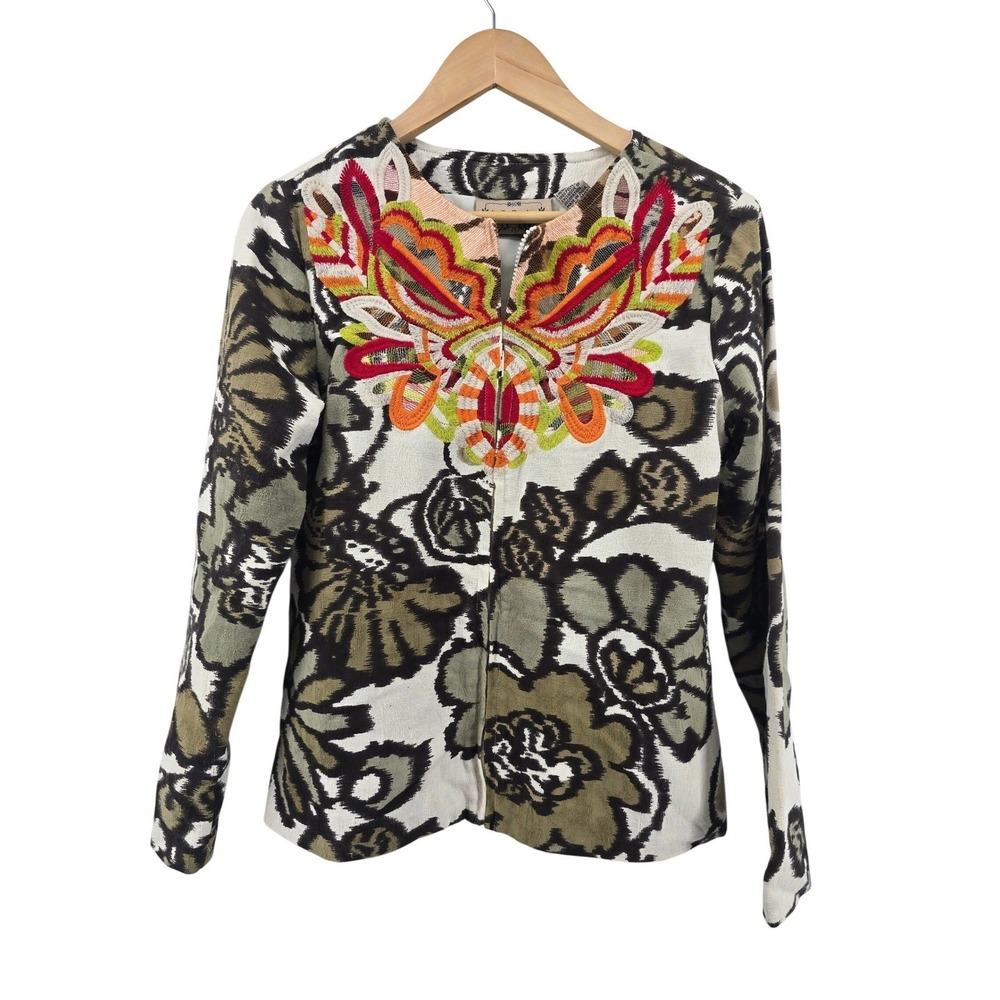 Life Style Jacket Womens Small Floral Tapestry Embroidered Zip Front Olive EUC